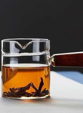 绿昌明玻璃公道杯侧把分茶器绿茶月牙过滤泡茶壶木把月牙一体茶杯