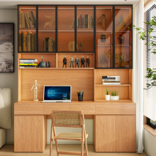 定制橡木全实木书桌玻璃书架一体带抽屉书柜儿童学习小户型书房桌