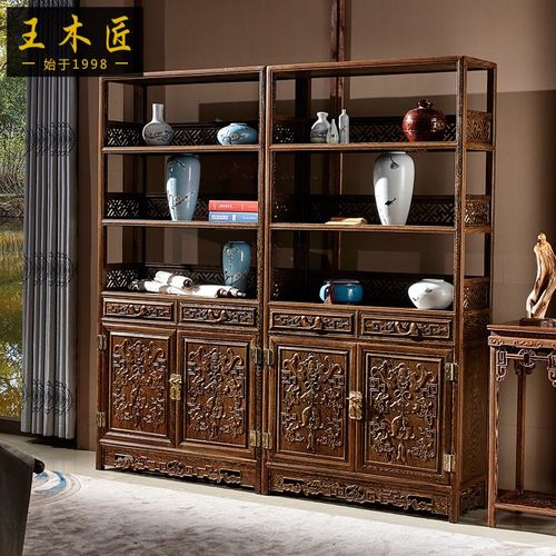 王木匠鸡翅木书架书橱陈列架实木书柜三层展示架文件柜红木家具