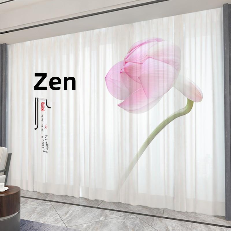 画中国窗帘风布遮光禅宗中国茶室风水墨山水RRN荷花纱帘不透光隔
