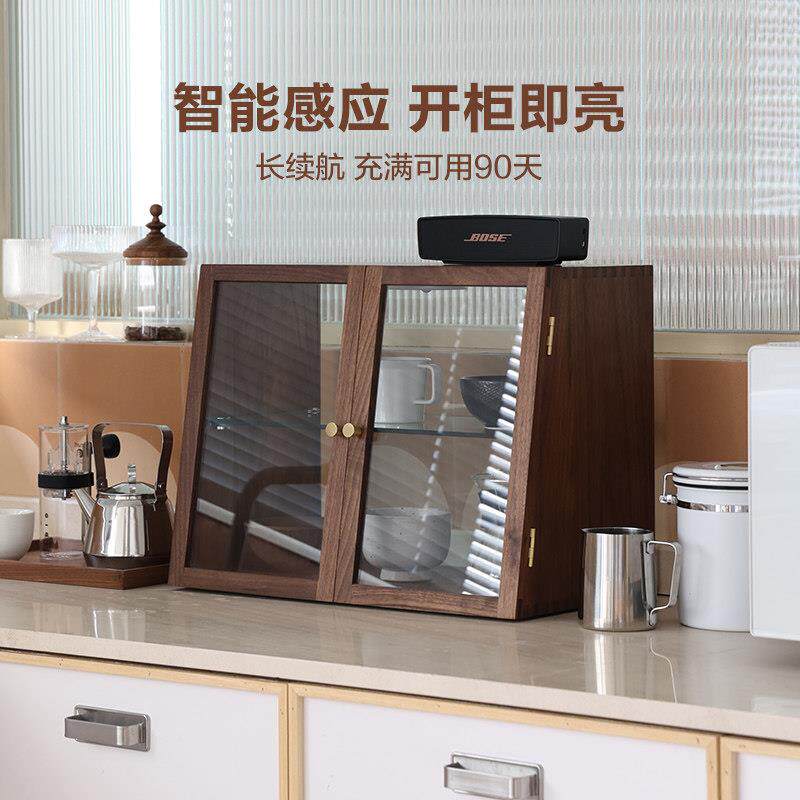 梵瀚实木餐边柜中古杯子桌面收纳柜收纳柜黑胡桃木茶水餐具置物架