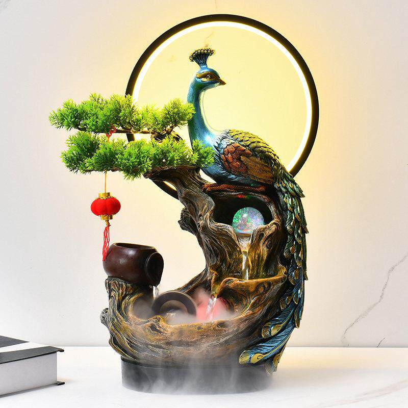 件招财流水摆孔雀循环水风水轮办公室玄关AKF客厅乔摆开业迁件装