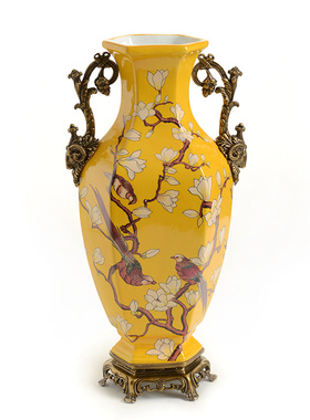 欧式陶瓷纯铜小鸟绿色大花瓶花器美式铜配瓷装饰家居饰品奢华摆件