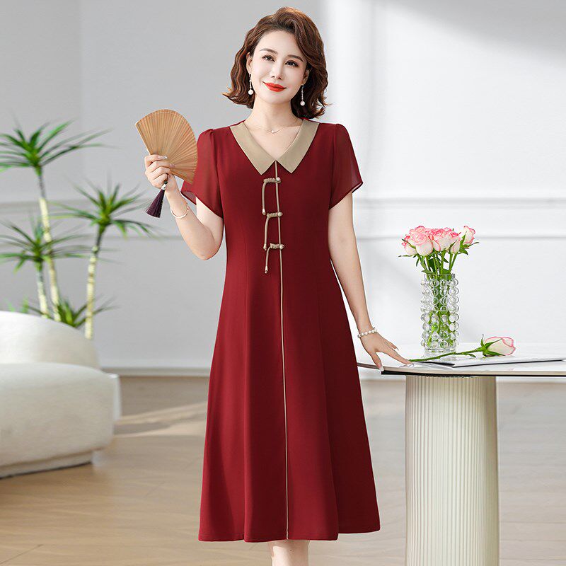 夏天中年妈妈气质雪纺连衣裙中长款洋气中老年女时尚高贵显瘦裙子