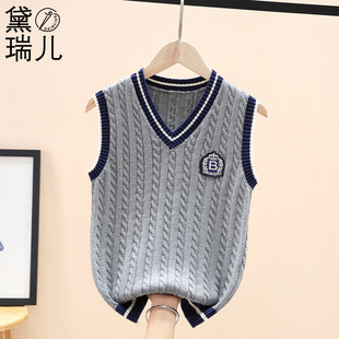 男童针织背心纯棉2023秋冬新款儿童毛衣内搭马甲男孩中大童加绒厚