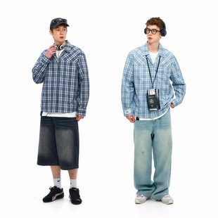 KXLFCHN空穴来风 蓝色格子衬衫男春秋复古宽松古巴领休闲长袖上衣