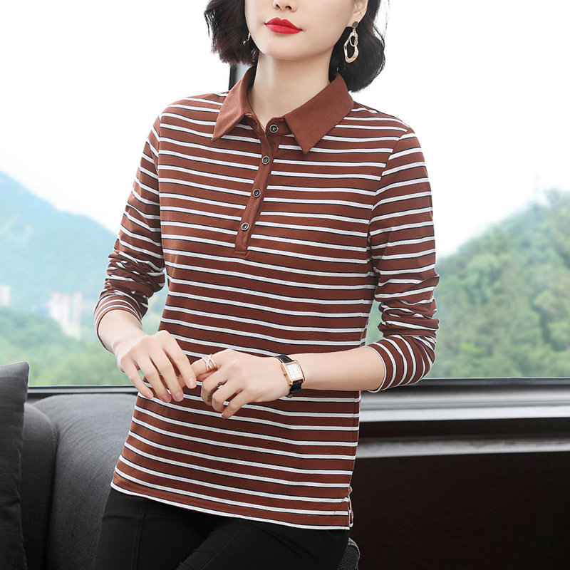 纯棉有领长袖t恤女 宽松2021年新款翻领条纹上衣中老年妈妈打底衫