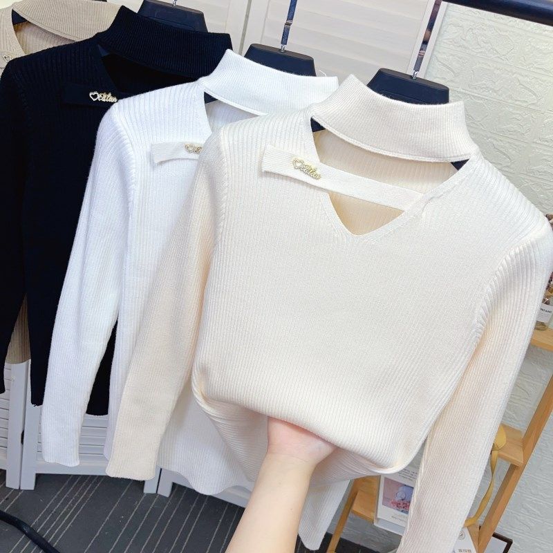 镂空挂脖半高领打底针织衫女装秋冬新款气质修身显瘦内搭毛衣上衣