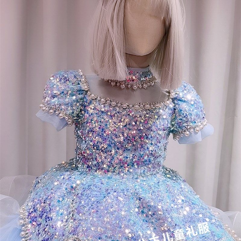 高端儿童礼服短款蓬蓬裙亮片女童主持唱歌朗诵蓝色玫红色演出服