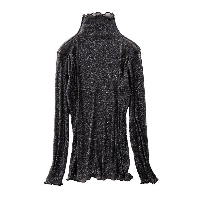 2023秋季木耳边亮丝上衣高领网纱打底衫性感单层透明长袖内搭T恤,女装/女士精品,T恤,淘宝优惠券,粉丝福利购,淘宝优惠卷