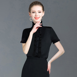 职业衬衫女短袖时尚洋气缎面真丝上衣2021年新款女式黑色衬衫女夏