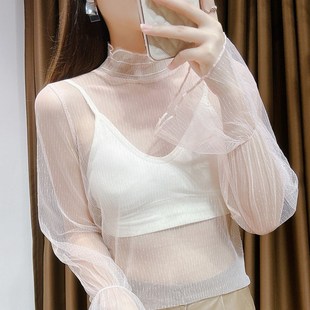 透明黑色波点蕾丝打底衫女新款毛衣内搭纱衣半高领喇叭袖网纱上衣
