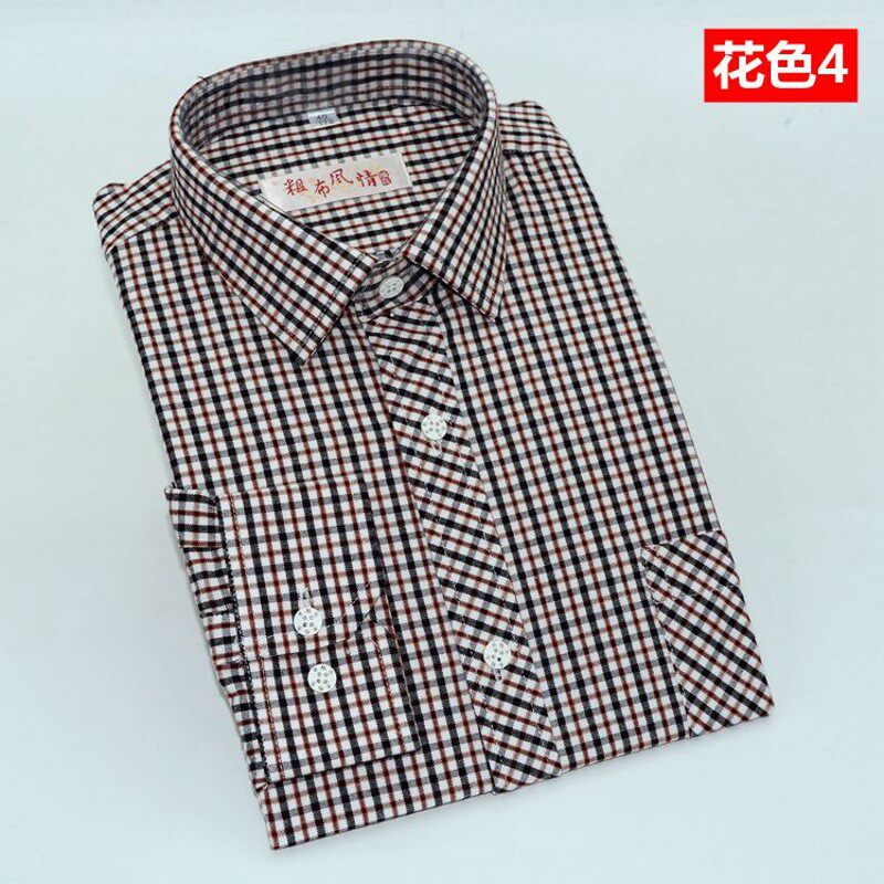新款纯棉老粗布男士磨毛长袖衬衣中老年格子上衣家乡特产土布衬衫