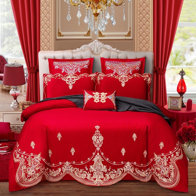 新中式囍字结婚四件套床单被套刺绣婚房大红色喜被床上用品六件套