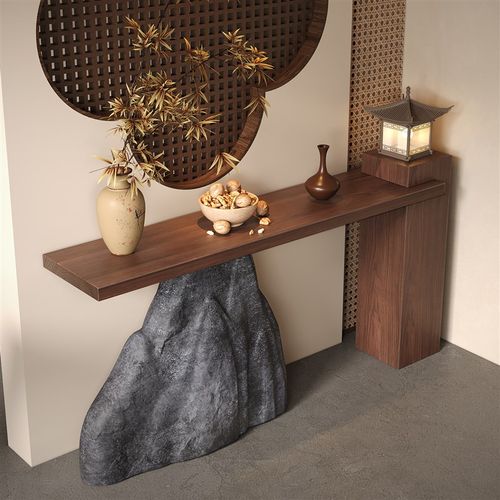 中古风玄关台实木玄关桌仿石端景台现代简约窄桌窄边玄关桌台