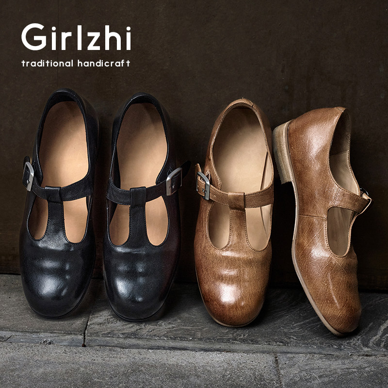 GIRLZHI 手工水洗马皮舒适复古玛丽珍鞋T型带圆头单鞋女豆豆鞋,女鞋,乐福鞋（豆豆鞋）,淘宝优惠券,粉丝福利购,淘宝优惠卷