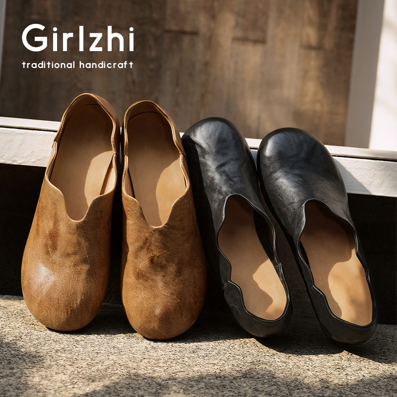 GIRLZHI复古马皮圆头一脚蹬小皮鞋平底乐福鞋女英伦风鞋子豆豆鞋,女鞋,乐福鞋（豆豆鞋）,淘宝优惠券,粉丝福利购,淘宝优惠卷