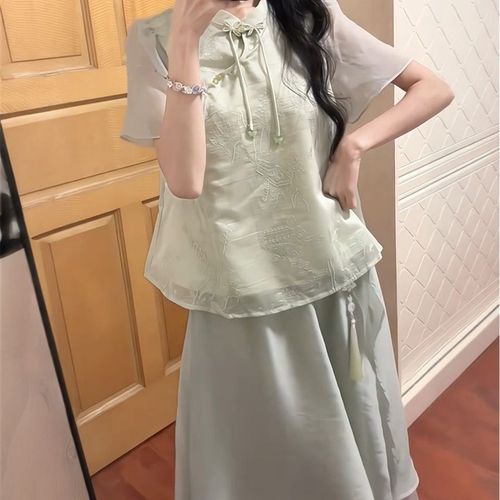 2024夏季新款中式国风清冷禅意盘扣立领上衣+高腰半身裙时尚套装