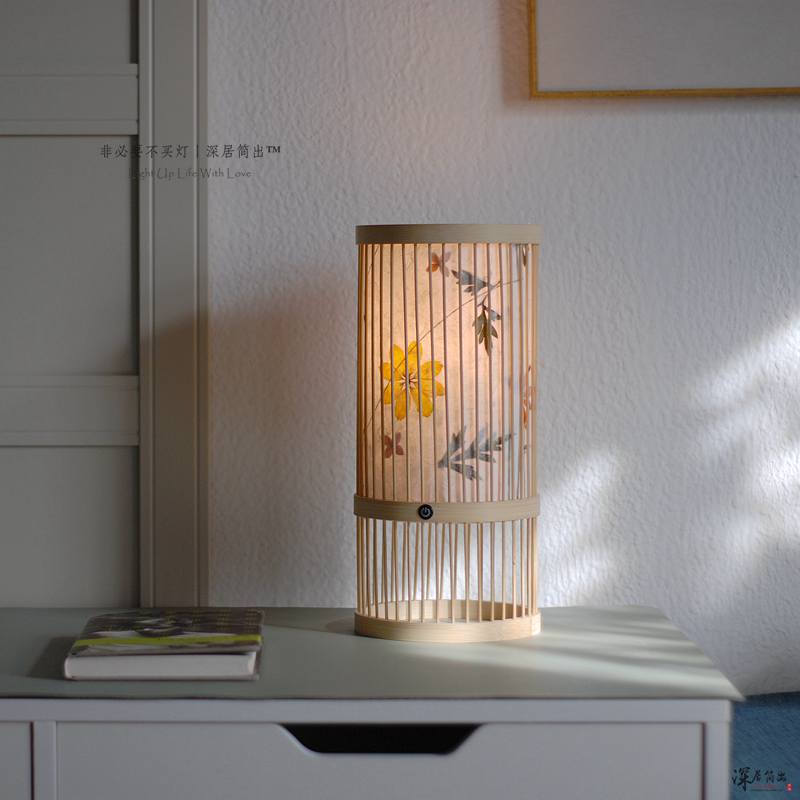手工花草纸日式竹编台灯新中式禅意茶室茶台卧室复古床头灯可充电
