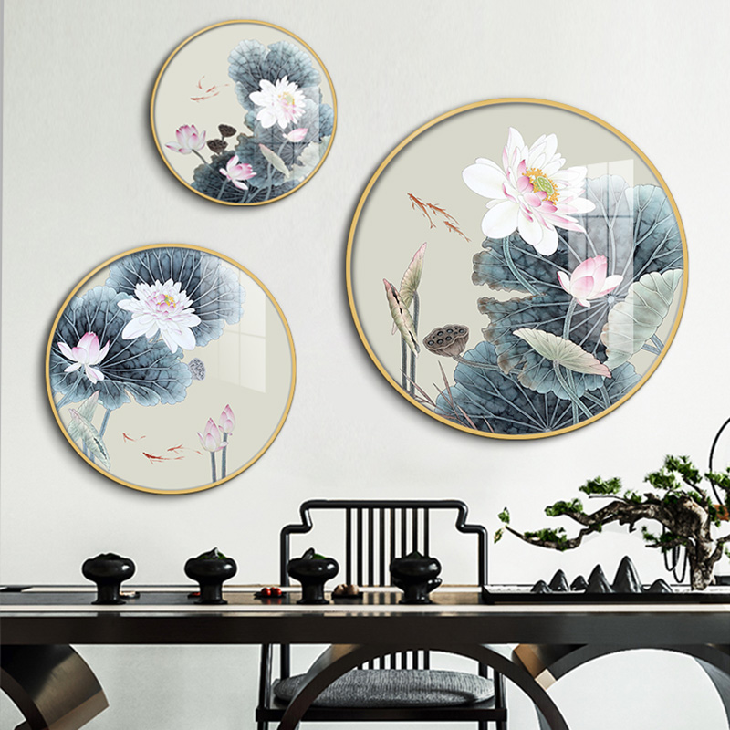 入户玄关挂画新中式装饰画客厅卧室走廊餐厅墙面装饰荷花圆形壁画图片