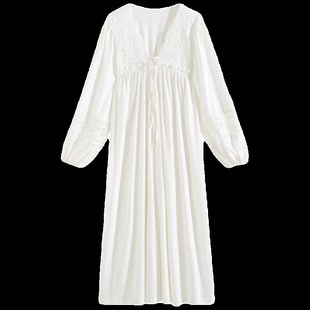 睡裙修身纯棉春秋新款甜美宫廷过膝长裙白色性感收腰长袖睡衣V领