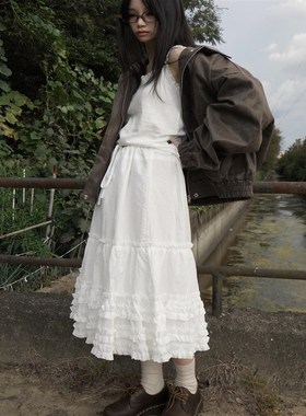 预习春天 白色蛋糕花边长裙 复古蕾丝拼接松紧腰宽松度假风半身裙