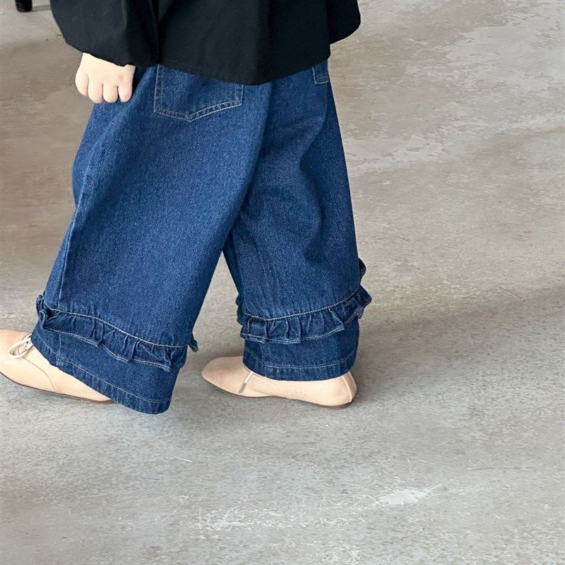 2024秋季新品女童宽松百搭文艺小清新木耳花边裤子女宝宝牛仔裤韩