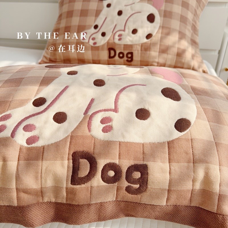 皮皮狗卡通可爱全棉纱布枕头毛巾透气吸汗色织枕巾纯棉一对装