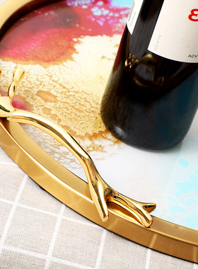 北欧轻奢风格玻璃收纳托盘家居装饰摆件茶具圆盘晶瓷画金属工艺品