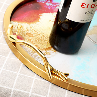 北欧轻奢风格玻璃收纳托盘家居装饰摆件茶具圆盘晶瓷画金属工艺品