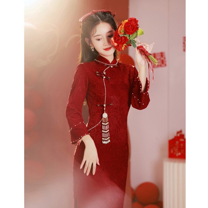 旗袍敬酒服2025新款冬季红色结婚便装改良订婚礼服女回门新娘秋冬