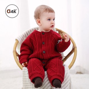 Oak mont婴儿针织连体衣宝宝秋冬衣服满月红色毛衣加绒加厚周岁服