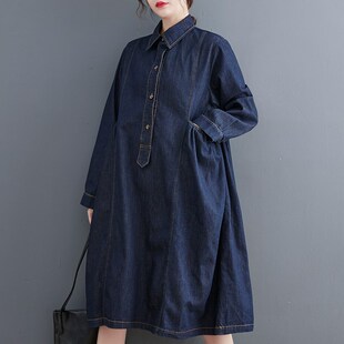牛仔连衣裙女春秋季2024大码时尚polo领长袖衬衫裙中长款宽松裙子