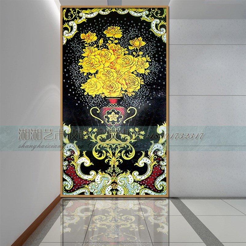 定制入户客厅屏风艺术玻璃油画田园风玄关隔断背景墙欧式玫瑰花瓶