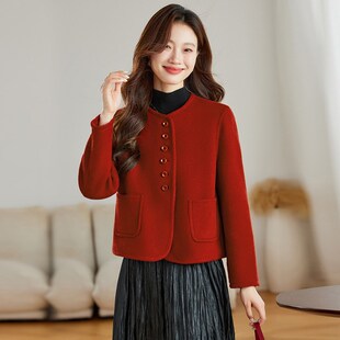 小个子轻熟风红色毛呢外套女2024秋冬新款高级感时髦短款妮子大衣