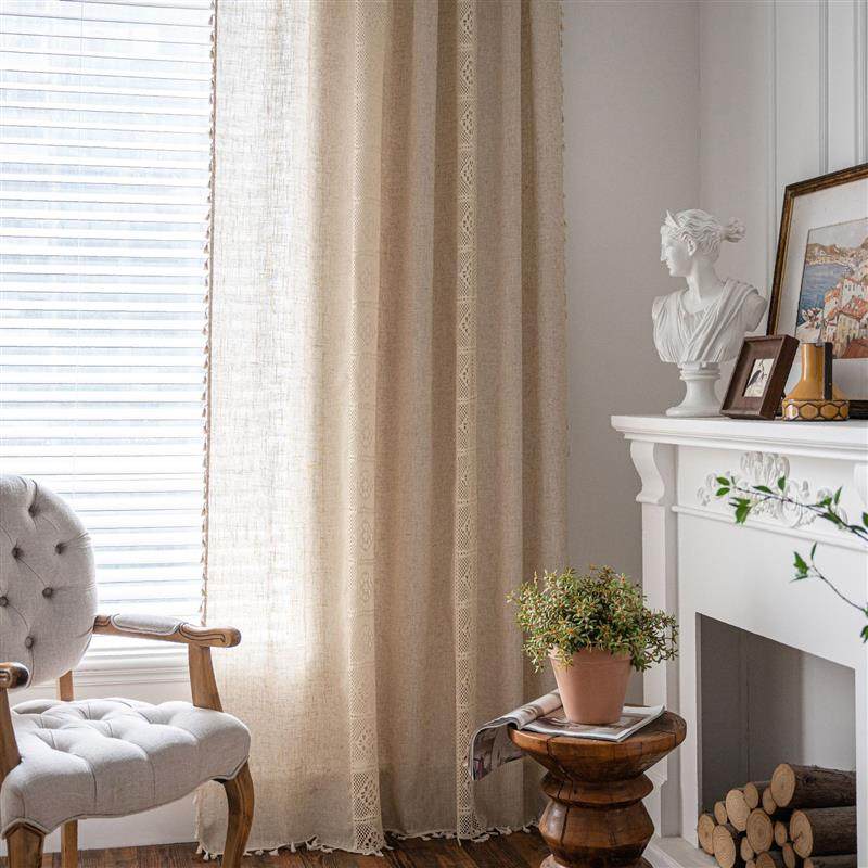 穿杆复古窗帘涤麻窗帘成品素色镂空拼接美式厨房帘半遮光窗帘流苏,居家布艺,成品窗帘,淘宝优惠券,粉丝福利购,淘宝优惠卷