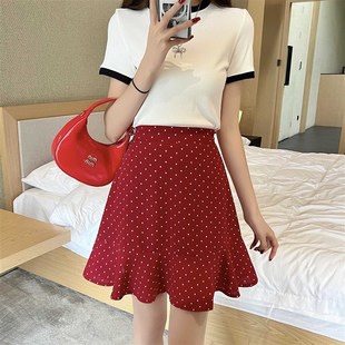 复古红色波点半身裙大码夏季法式短裙遮胯鱼尾裙高腰a字裙中裙子