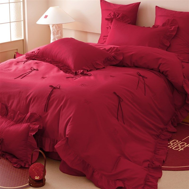 公主风蝴蝶结婚庆四件套100S长绒棉喜字被套红色纯棉结婚床上用品