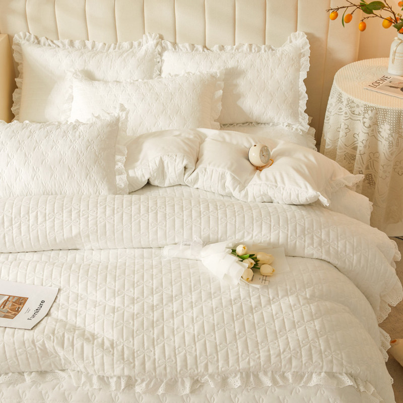 全夹棉床笠式床裙款二合一四件套纯白色花边被套四季通用床上用品,床上用品,床品套件/四件套/多件套,淘宝优惠券,粉丝福利购,淘宝优惠卷