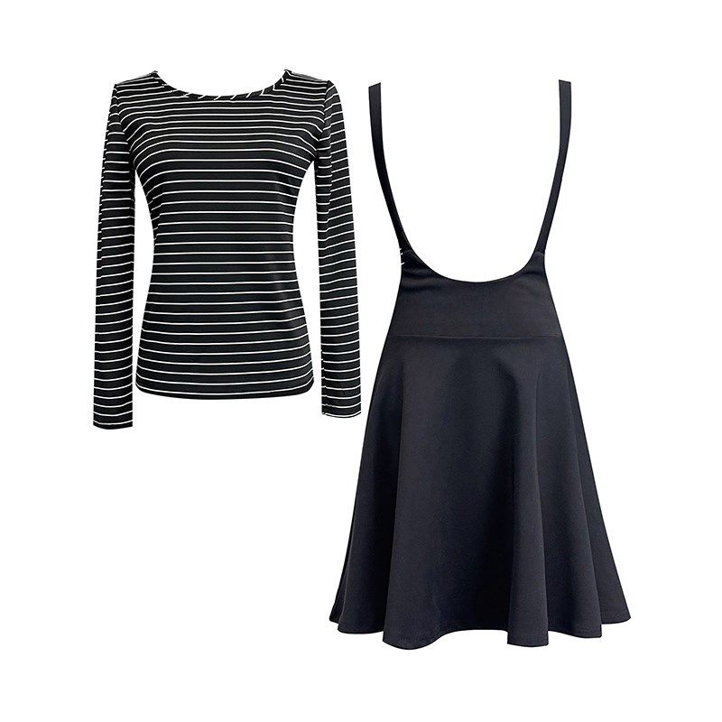 两件套条纹T恤连衣裙女2022春秋弹力修身可爱百搭背带裙a字仙女裙,女装/女士精品,时尚套装,淘宝优惠券,粉丝福利购,淘宝优惠卷