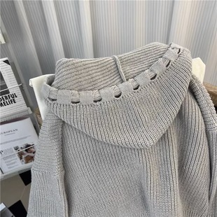 灰色高级感短款连帽毛衣外套女秋装新款女装破洞双拉链针织开衫冬
