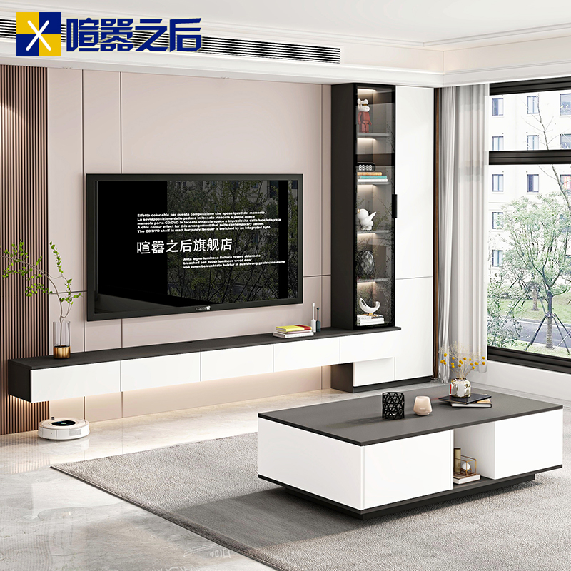 奶油风悬空壁挂式电视柜轻奢客厅悬浮背景墙柜组合柜一字柜8D68