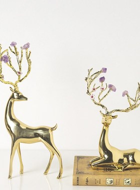 柏梵新中式轻奢纯铜梅花鹿摆件家居饰品客厅酒柜玄关高档铜鹿装饰