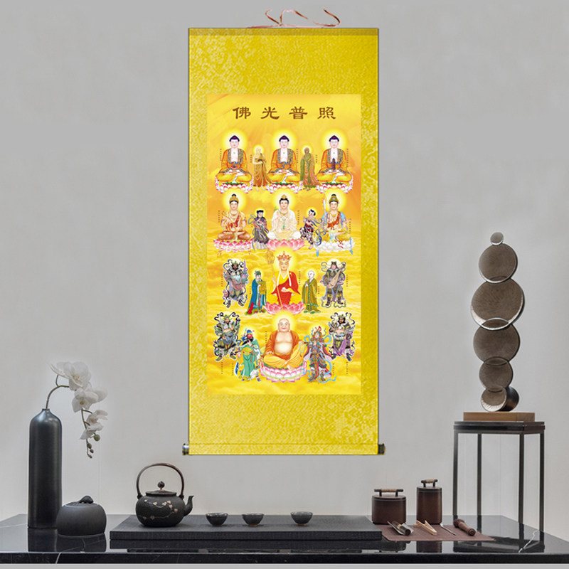 全堂佛菩萨佛像挂画如来佛祖丝绸画观音菩萨众佛百佛图佛堂卷轴画