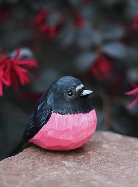 鹿妖商店 小鸟木雕摆件 肥啾鸟 粉红鸲鹟 小胖鸟 纯手工 创意摆件