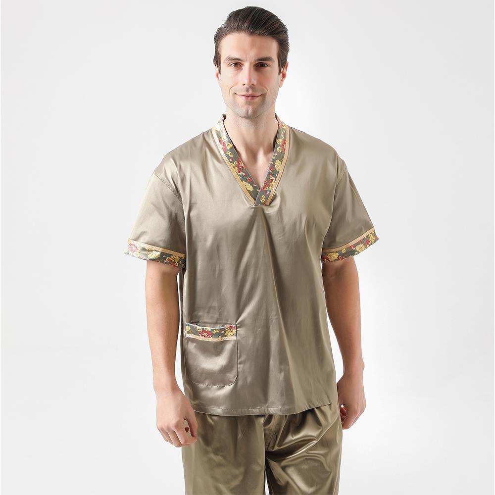 丝绸睡衣仿真丝男女汗蒸服弹力贡缎桑拿印花大码洗浴情侣睡袍浴衣