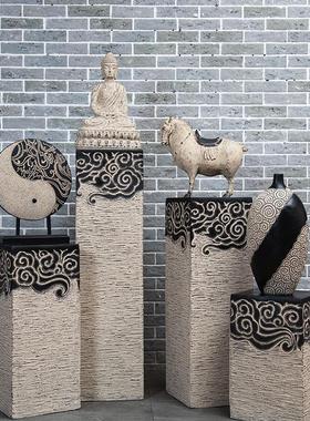 新中式仿古祥云展示柱落地摆件茶室栓马柱家居客厅玄关装饰品底座