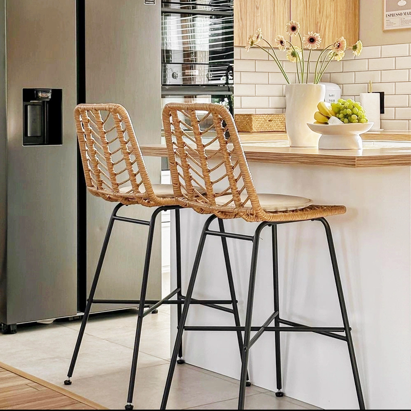 藤编椅子高靠背吧椅简约休闲高脚凳铁艺藤椅咖啡厅吧凳餐厅吧台椅