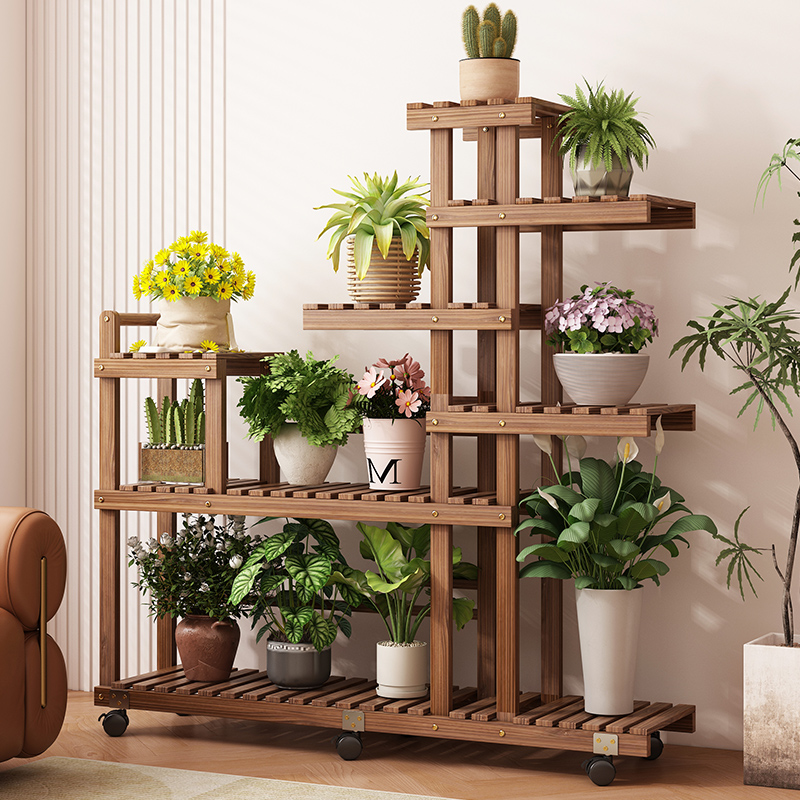 同福林实木花架可移动阳台客厅落地式多层置物架多肉植物架室内