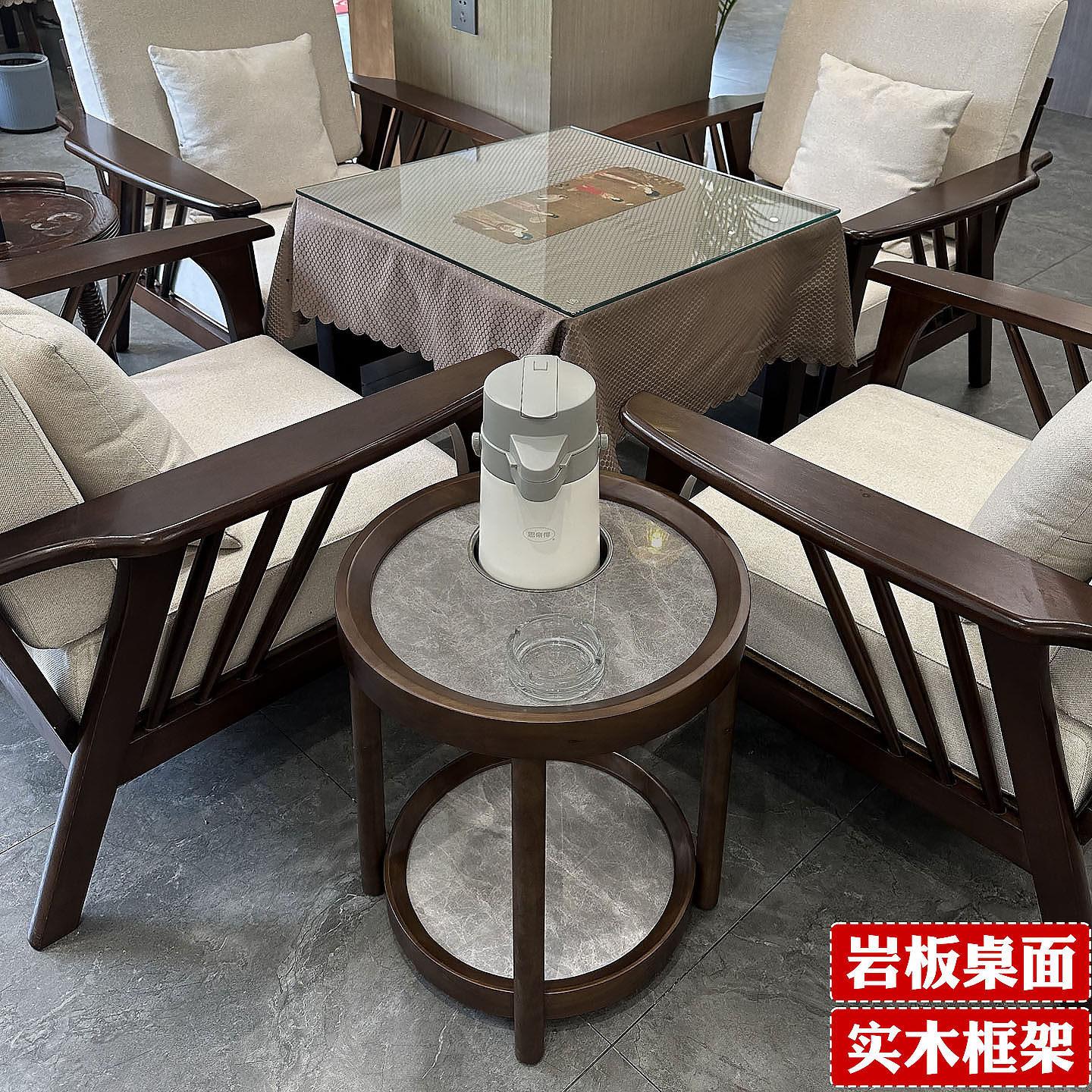 高端棋牌室实木将圆形小茶几麻雀房麻座桌架边几卡岩板移动茶水子